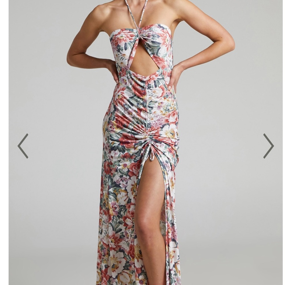 Showpo Floral Strapless Cutout Maxi Dress in Pink and Green